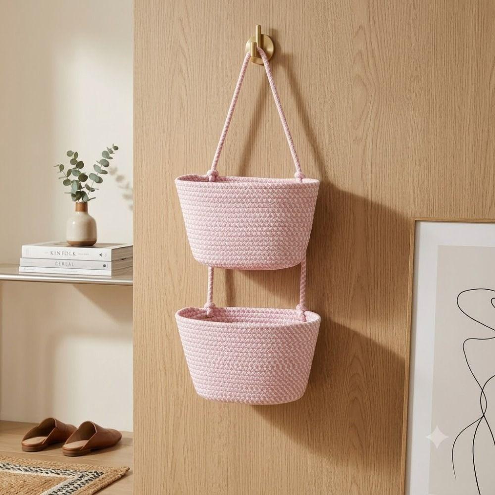 Handwoven Wall Mount Organizer 2/3 Layered Rope Woven Basket Hanging Storage Basket Living Room