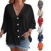 Women's Casual V Neck Button Shirt Classic Short Sleeve Shirt Tops Fashion Loose Solid Color