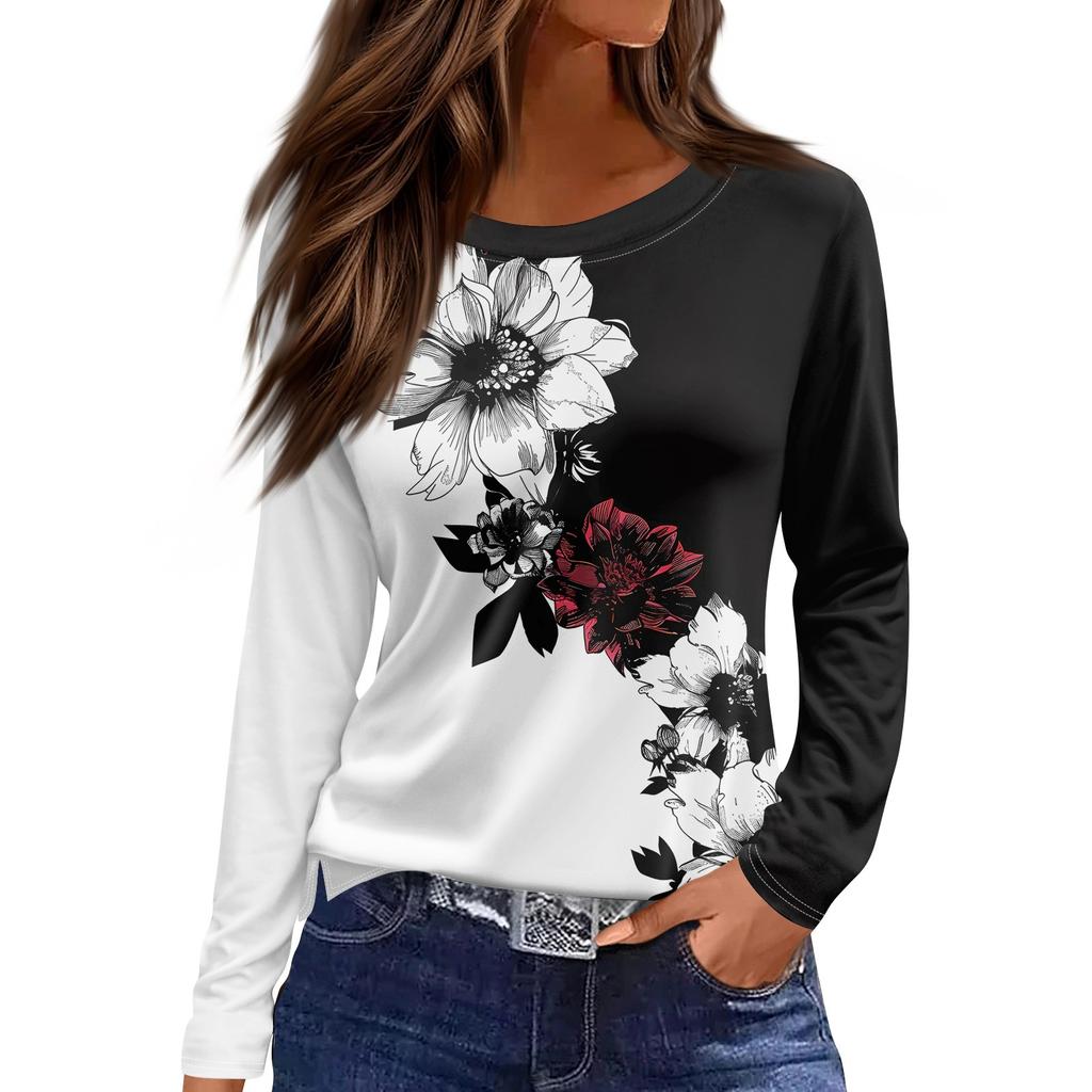 Женская модная повседневная свободная футболка с принтом и круглым вырезом с разрезом и длинным рукавом, женский топ