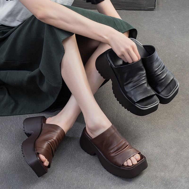 Fashion GKTINOO Retro Peep Toe Outdoor Platform Slippers Summer 2025 New Genuine Leather Comfortable Height Increasing Women's Shoes