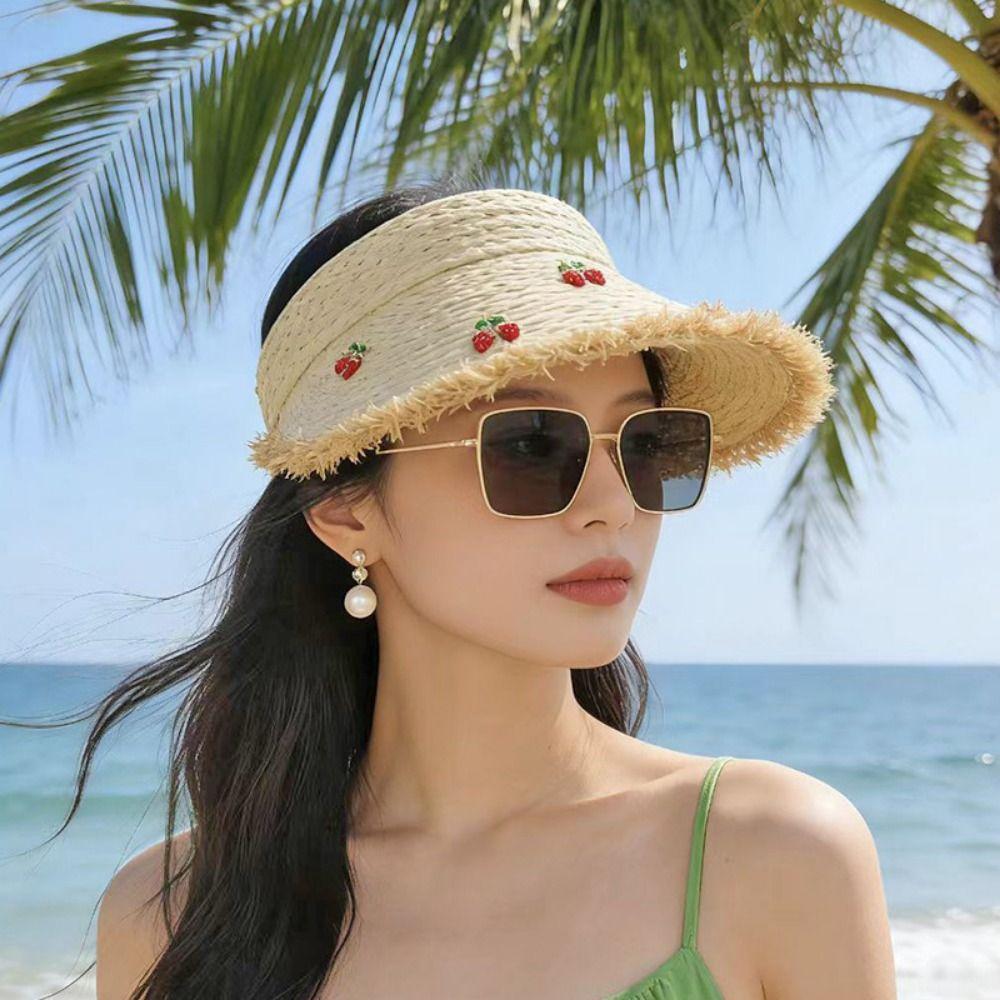 Dopamine Cherry Strawberry Sun Hat Beige Khaki Sunscreen Open-crown Straw Hat Breathable Headband-style Sunshade Cap Vacation
