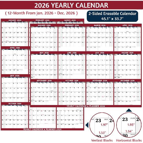 2026 Dry Erase Calendar – Large Yearly Wall calendar 2026, 33.7'' x 45.1'', 2-Side Reversible Calendar 2026, Vertical/Horizontal, Jan 2026 – Dec