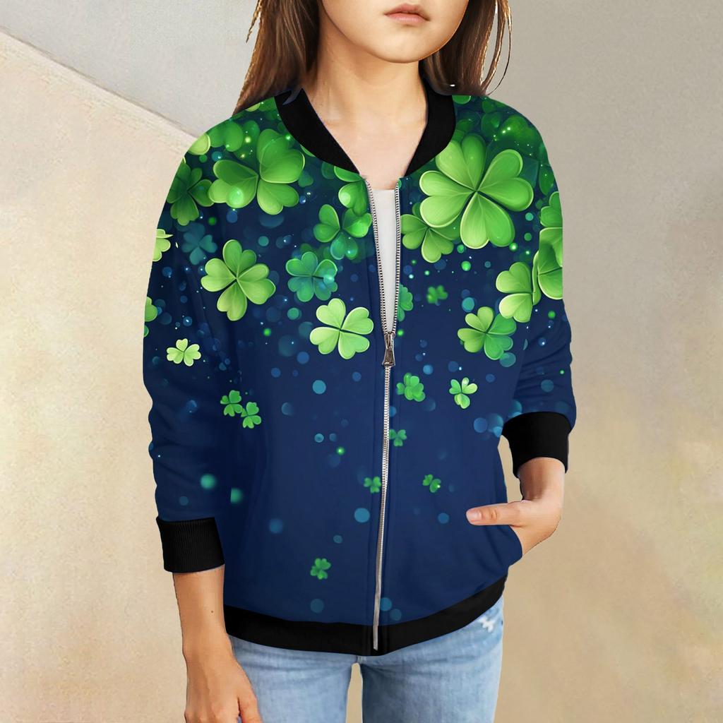 Девочки куртки на молнии детские осенние толстовки с длинным рукавом верхняя одежда с карманами St. День Святого Патрика 5-15 лет