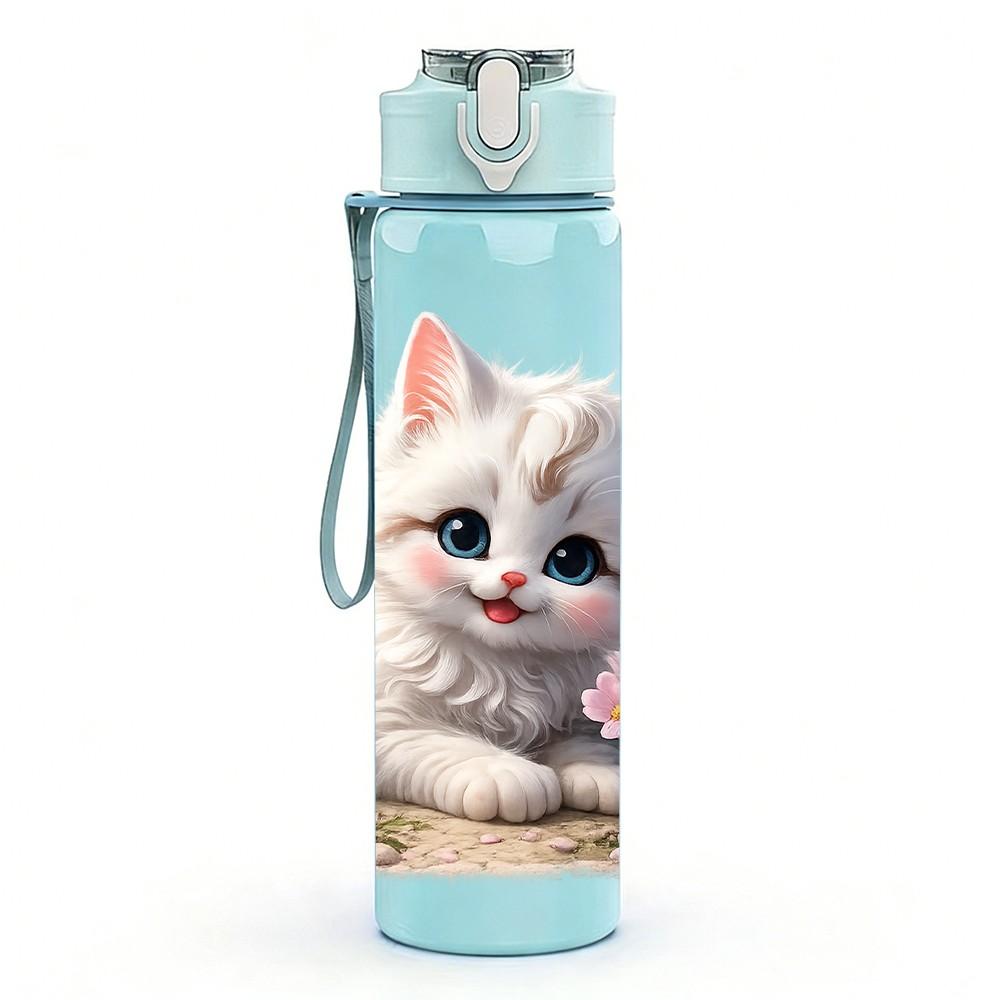 1PC Kitten Cat With Pink Floral Print 750ml Color Plastic Sports Water Bottle Leakproof Flip Straw Lid Suitable for Sports Office Home Use