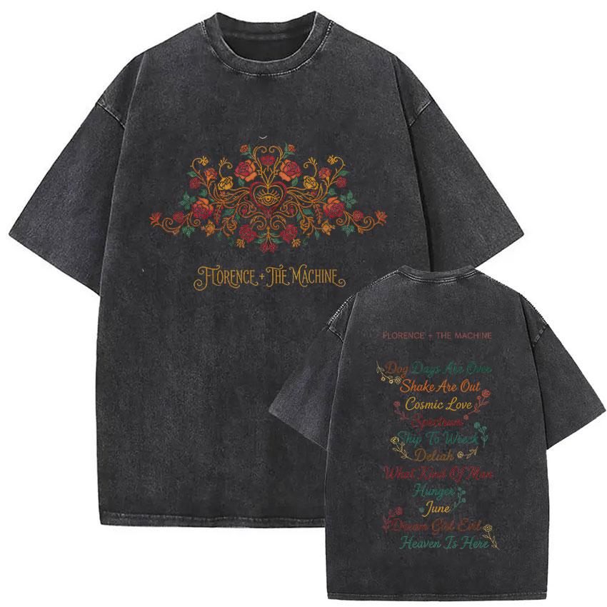 Florence and The Machine Tour Vintage Washed T Shirt Men Women Harajuku Aesthetic Oversized Cotton Tshirts Yk Streetwear