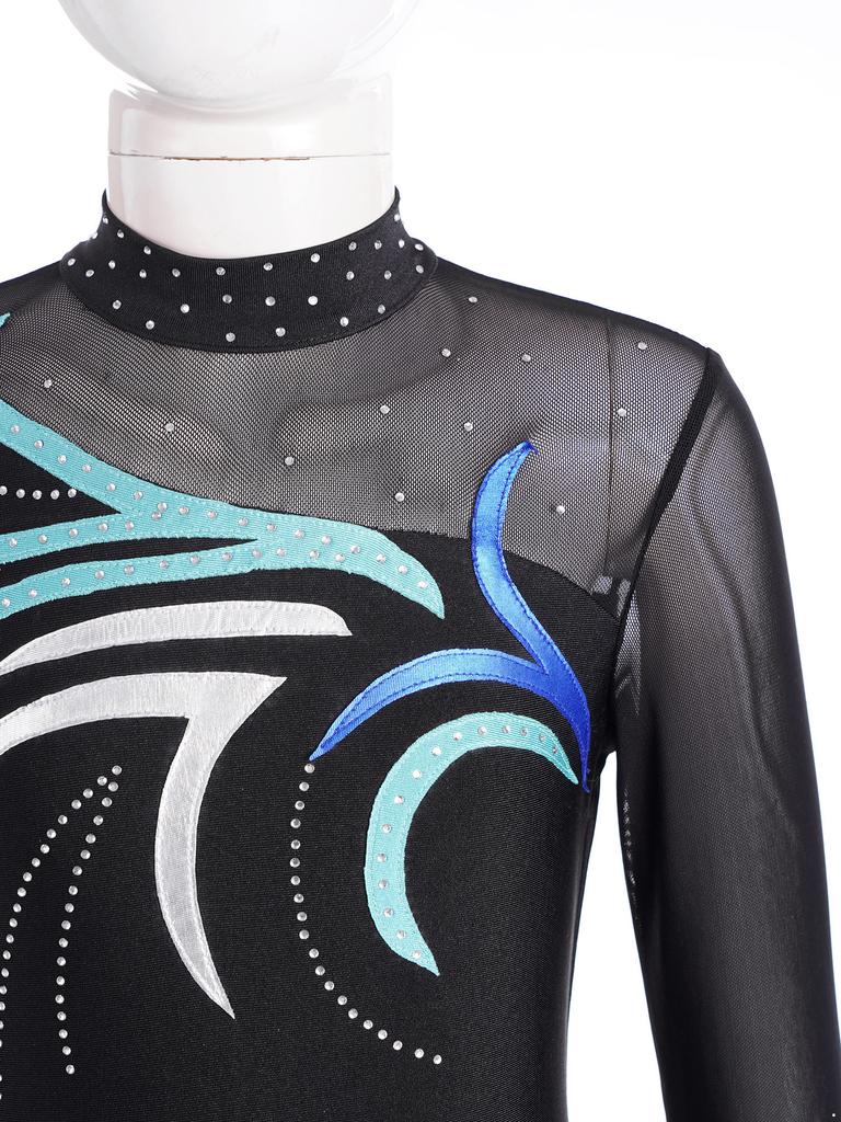 Платье для фигурного катания для девочек с блестящими стразами, прозрачной сеткой и пэчворком, с длинным рукавом для танцевальных выступлений