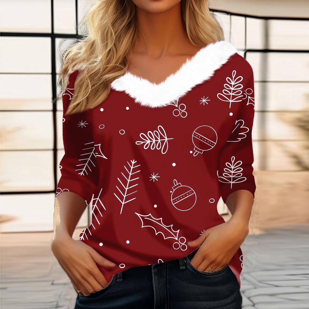 Женская мода с длинным рукавом и рождественским принтом, праздничный воротник, V-образный вырез