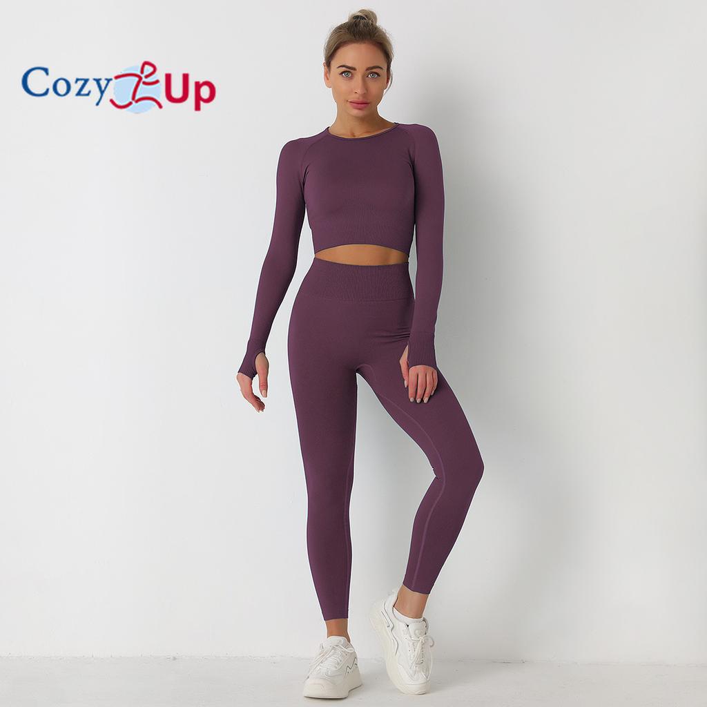 Cozy Up Тренировочные комплекты для женщин из 2 предметов для занятий йогой, бесшовные ребристые леггинсы с топами с длинными рукавами