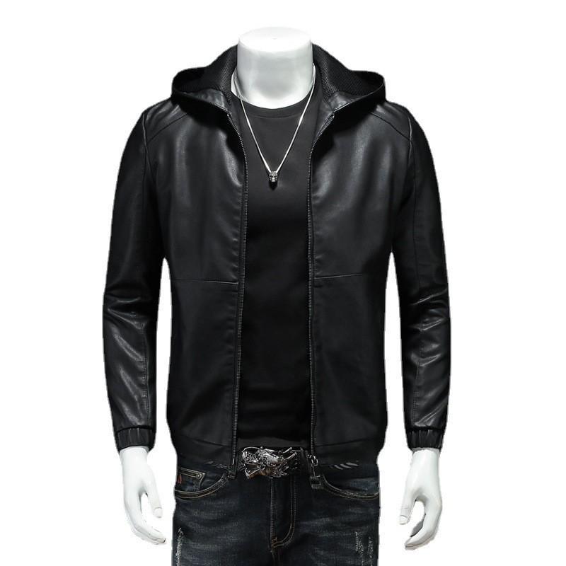 Mens Black PU Leather Hooded Jacket Slim Fit Casual Biker Style Winter Outerwear