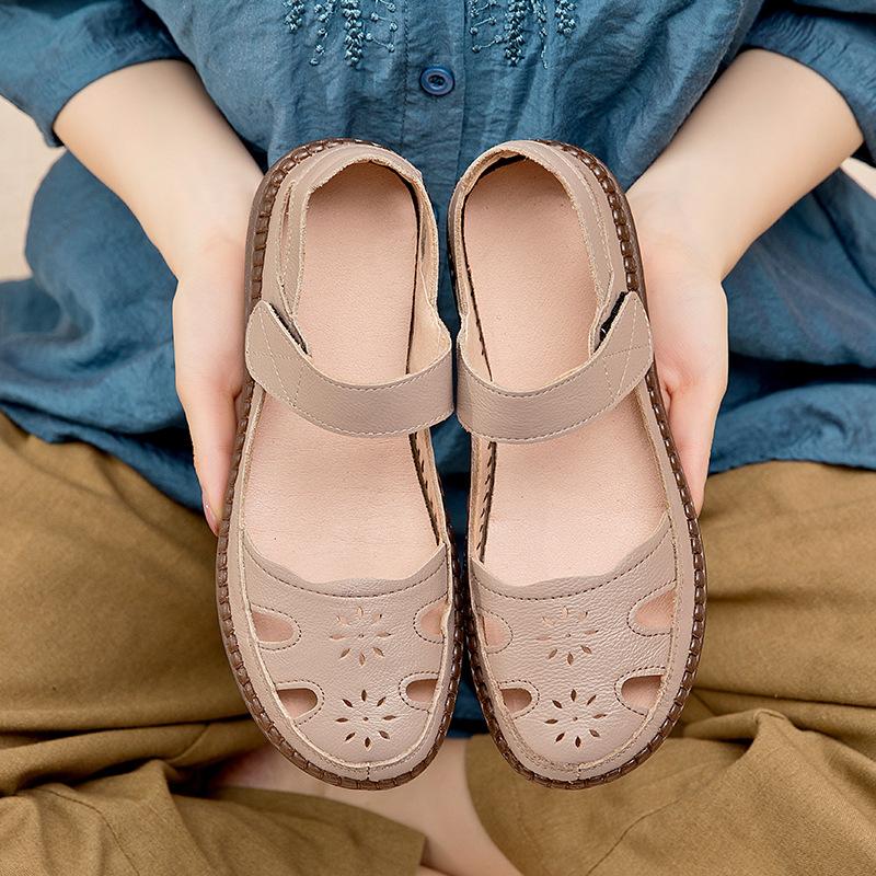 Летние новые кожаные перфорированные туфли-сандалии на мягкой подошве, удобные, повседневные, универсальные, с отверстиями, подошва из говяжьей кожи