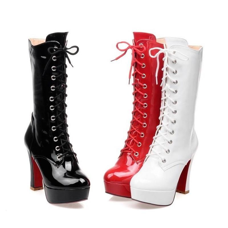 Модные осенне-зимние новые толстые высокие каблуки на водонепроницаемой платформе повседневные сапоги для верховой езды из белой лакированной кожи большого размера женские туфли