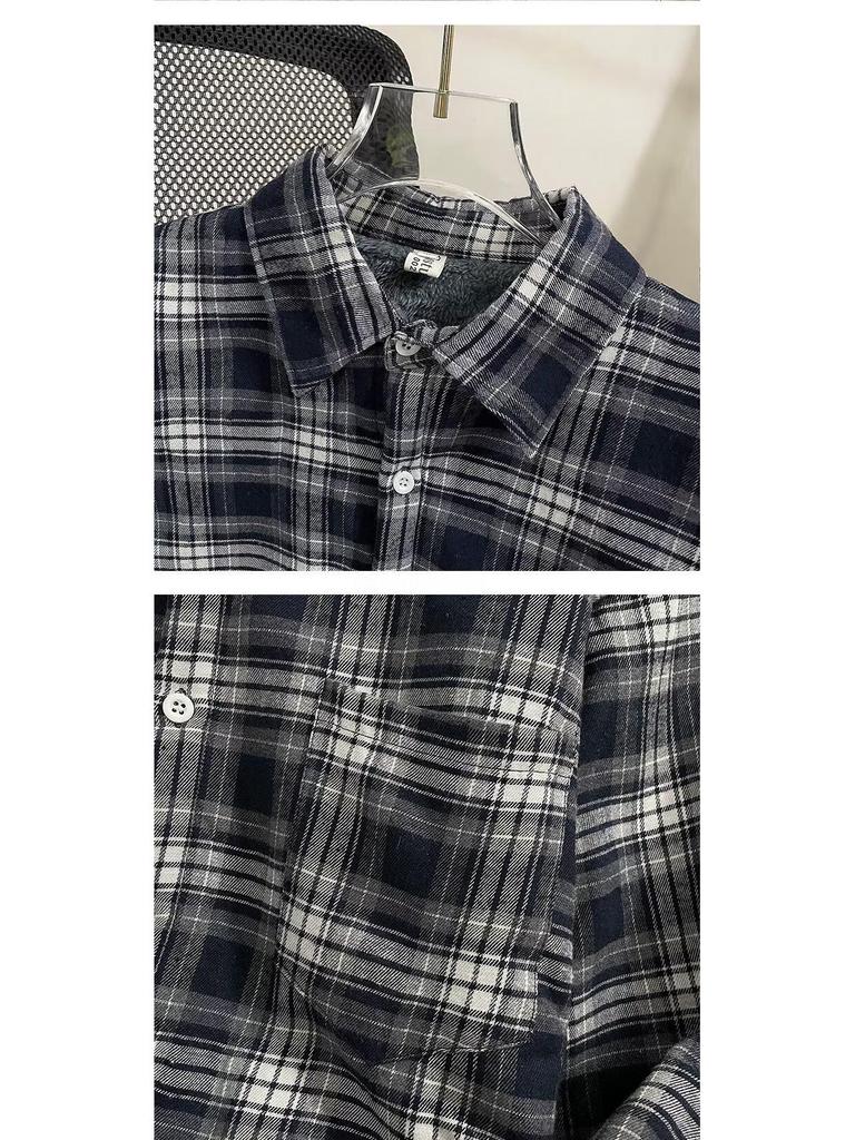 Мужская фланелевая рубашка на флисовой подкладке в клетку - Повседневная куртка в стиле ретро с длинным рукавом для осени/зимы