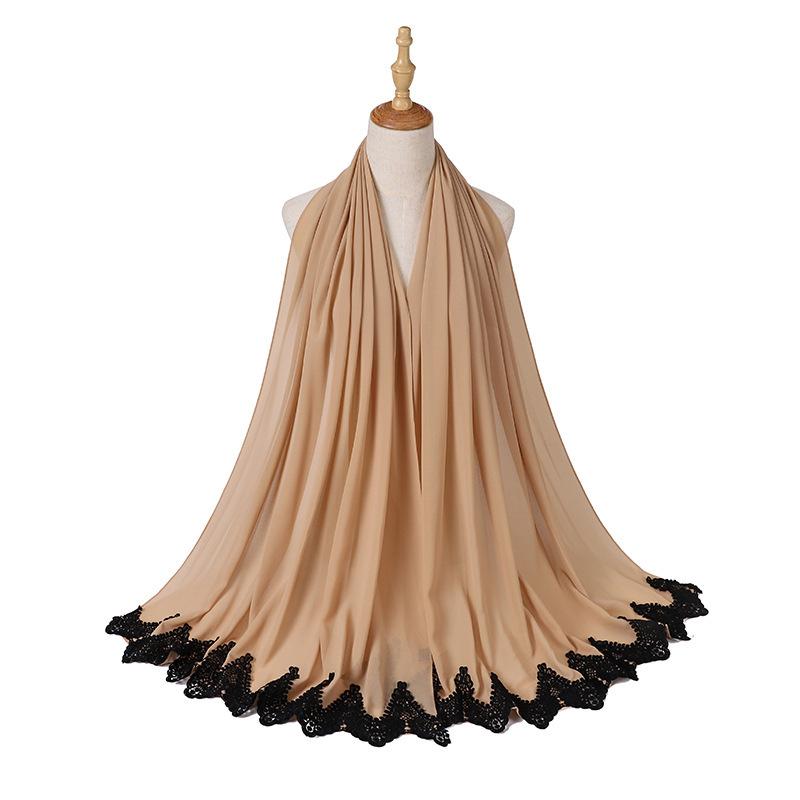 Новый жемчужный шифон Малайзия Мода Черные кружевные шарфы Мусульманский шаль Однотонный мягкий тюрбан Повязки на голову