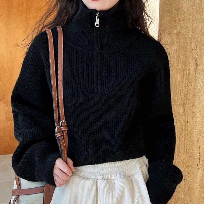 Женский вязаный свитер с полувысоким воротником и застежкой-молнией, осенний, с рукавами-фонариками, винтажные свободные свитера, зимние толстые повседневные однотонные теплые джемперы 25404
