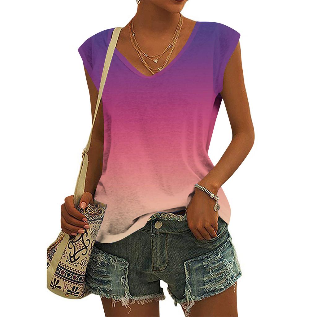 Женские модные повседневные топы с принтом, рубашки без рукавов, пуловеры с V-образным вырезом, футболки