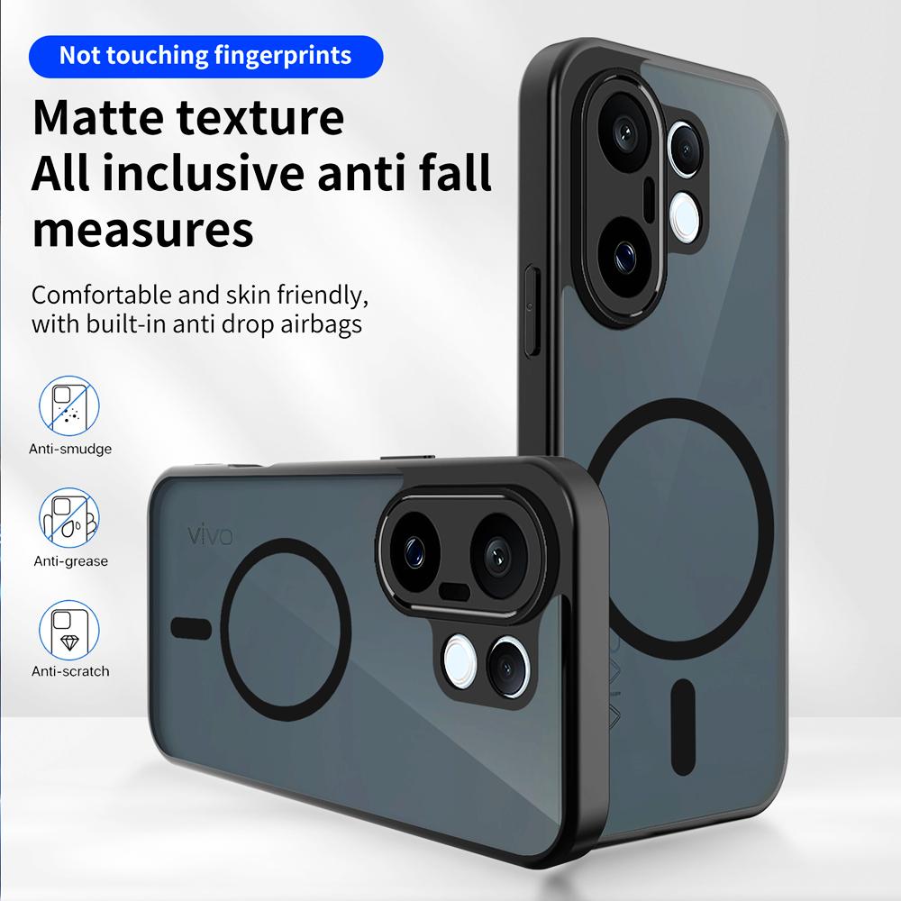 KEYSION Magnetic Phone Case for VIVO X200 FE Soft Silicone+PC Matte Translucent Black Shockproof Cover for VIVO X200 FE