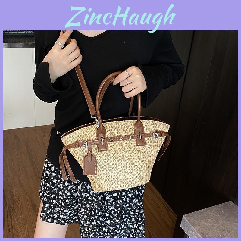 Grass Weaving Handheld Shoulder Bag With Zipper Closure For Daily Style