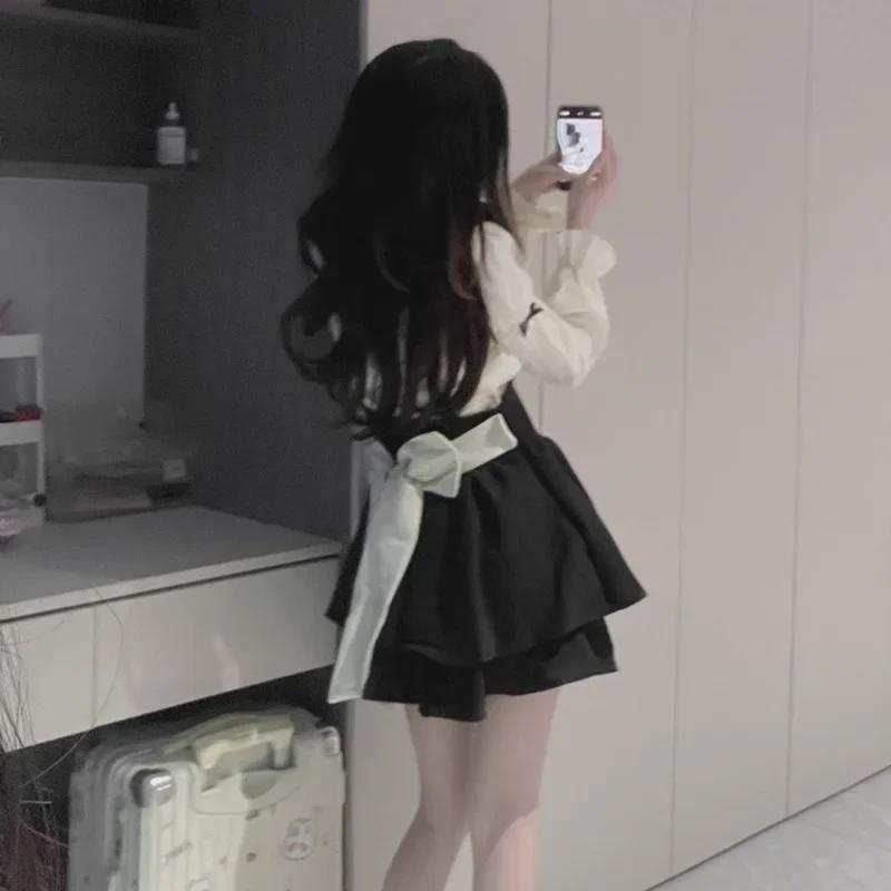 Slightly Plump College Style Waist Bow Tie Overalls Skirt - Autumn/Winter Pure Desire Doll Collar Sweet Girl Top Shirt Set