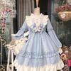 Japanese Gothic Lolita Dress Women Kawaii Bow Bear Lace Blue Dress Long Sleeve Princess Dress Halloween Costume Gift For Girls