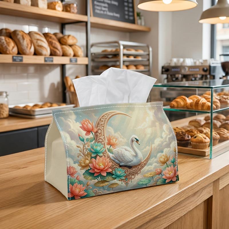 1pc Tissue Box Holder with Dreamy Celestial Fantasy Design-Swan Bird Crescent Moon Lotus, Durable Polyester, Ideal for Kitchen, Living Room, Bedroom,