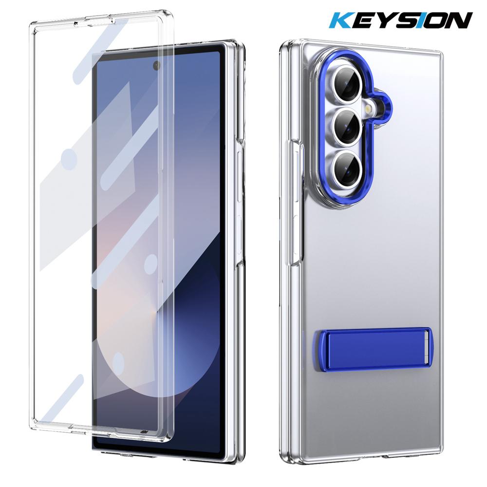 KEYSION Прозрачный чехол для Samsung Galaxy Z Fold 7 Жесткий ПК Металлическая подставка Противоударная крышка для телефона со стеклянной защитной пленкой для экрана