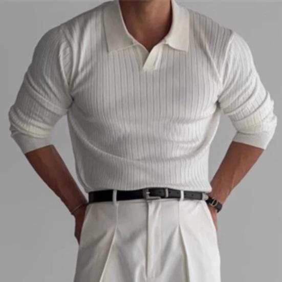 Весна Осень Мужской Верхний Трикотажный Нитка Slim Fit Пуловер Отложной Воротник Длинные Рукава Эластичный Чистый Цвет