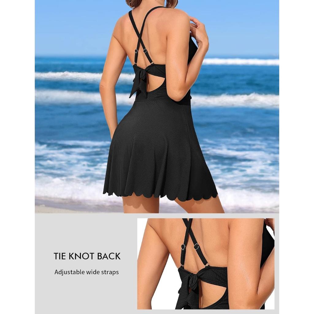 CHARMLEAKS Женский цельный купальник в рубчик, купальник с зубцами, купальник с V-образным вырезом и рюшами, купальный костюм с юбкой