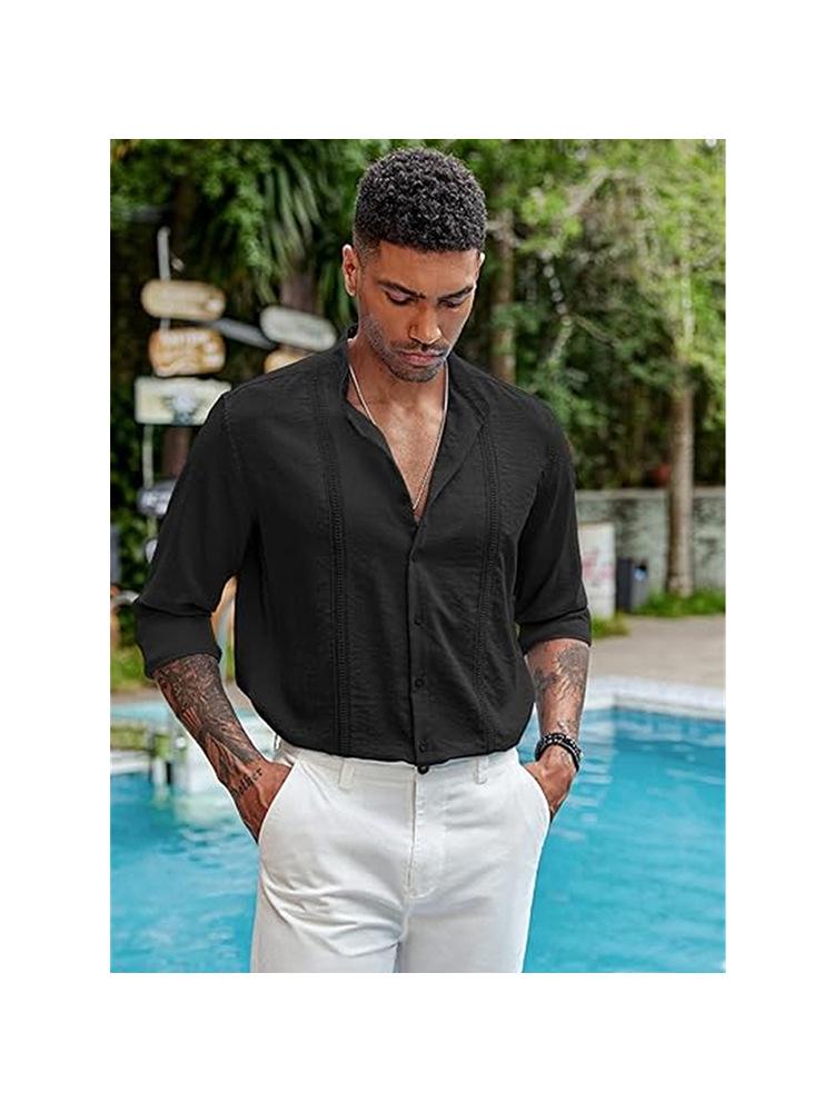 Men's Casual Cotton Linen Stand Collar Shirt - European & American Style for Summer Beach Vacation 2026