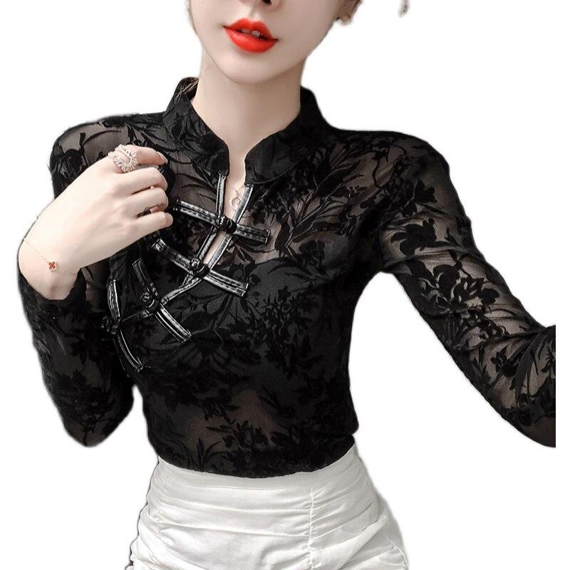 Hollow Vintage Long Sleeve Blouse Women Mesh See Through Sexy Womens Shirts Autumn Womens Mesh Retro Lace Female Shirts 11010