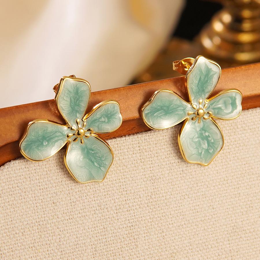 Stainless Steel Colored Enamel Drop Glaze Cherry Blossom Flower Earrings Lady New Trend Fashion Ear Studs Jewelry