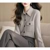Double Pocket Lapel Grey Sweater Cardigan Women's Autumn and Winter Knitted Temperament Jacket Top