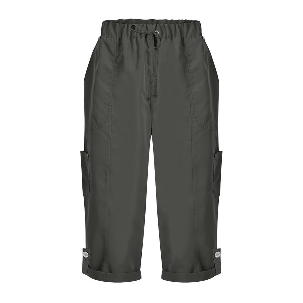 Women's Fashionable Solid Color Elastic Waist Pocket Five Quarter Casual Work Pants