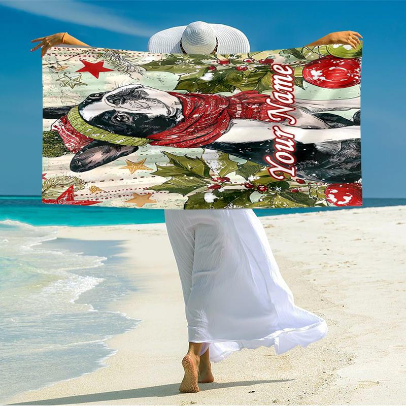 1PC Custom Name Winter Festive Boston Terrier Beach Towel Highly Absorbent And Sand-Resistant Towel for Swimming, Pool, Yoga, And Travel Lightweight