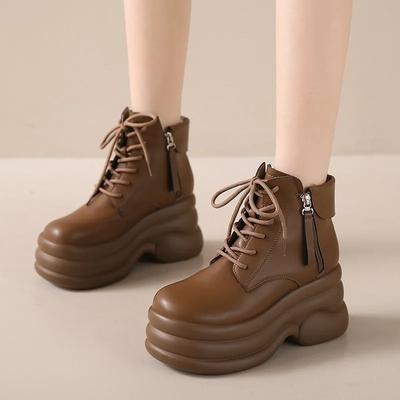 Мода 8,5 см Каблуки Зимние Женские Кожаные Массивные Ботильоны Осенние Ботинки на Высокой Платформе Женские Толстая Подошва Нескользящие Мотоциклетные Ботильоны