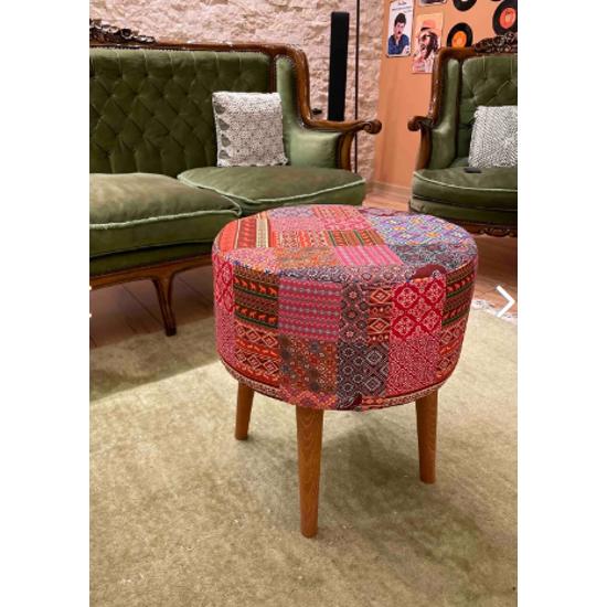 Hornbeam Wooden Leg Decorative Anemone Ethnic Peçvork Patterned Cylinder Pouf Bench Sofa Chair Peçvork Ethnic Pattern Decorative Pouf