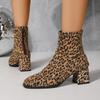 New European and American Style Leopard Print Square Head Thick Heel Short Boots Women's Suede Medium Heel Short Rear Zipper Martin Boots Single Boots
