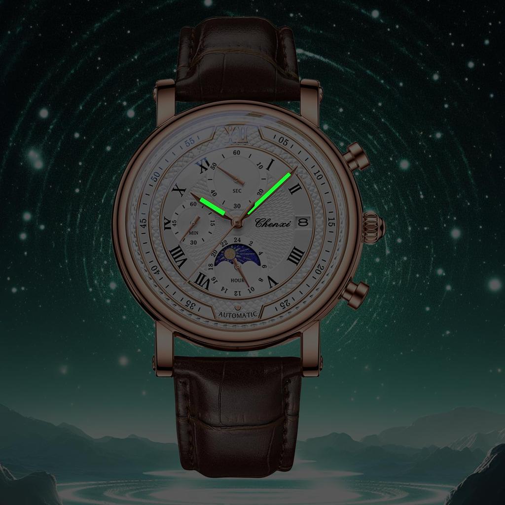 Starry Sky Watch Genuine Leather Strap Roman Alphabet Analog Display Luminous Calendar Moon Phase 3ATM Waterproof Quartz Leisure Business Stylish