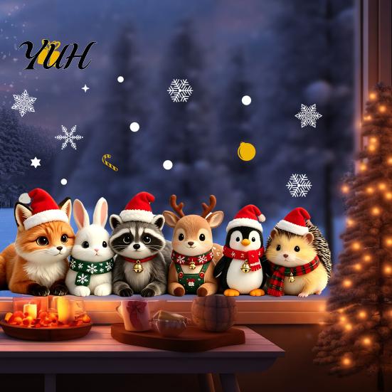 Festive Indoor Outdoor Ornaments 2PCS Christmas Cartoon Animal Static Stickers, Removable PVC Decorative Decals, Holiday Party Wall Decorations