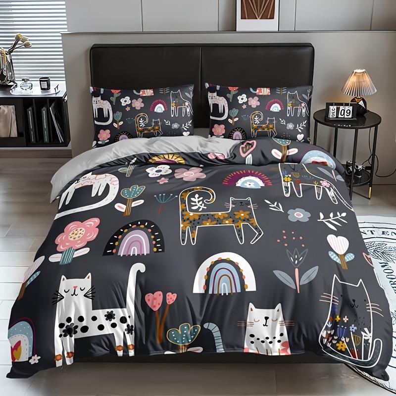 Комплект постельного белья с принтом кошек и цветов - Включает 1 пододеяльник и 2 наволочки, дышащий полиэстер, машинная стирка - Идеально