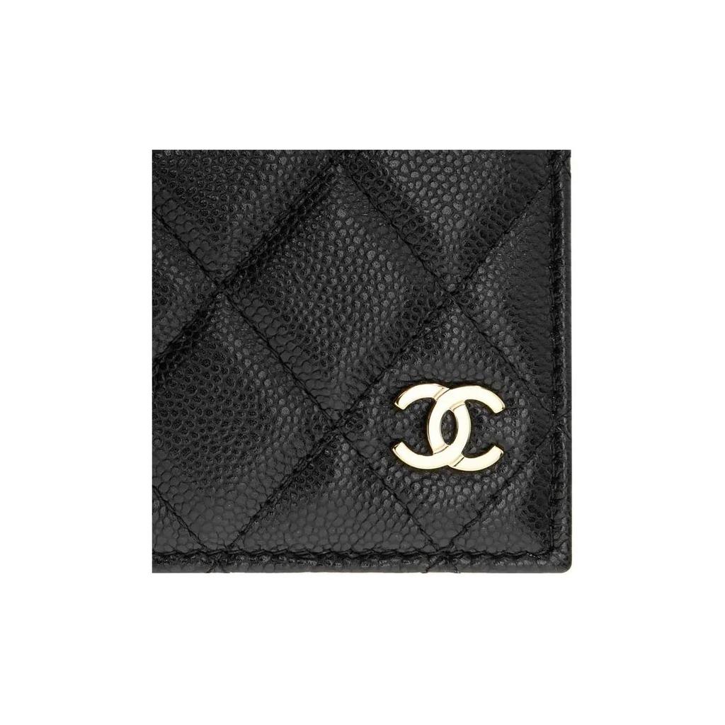 Chanel 23B Золотая этикетка Логотип Узор с бриллиантами Зернистая личи Кожаный Держатель для паспорта Держатель для карт Сумка для женщин Черный