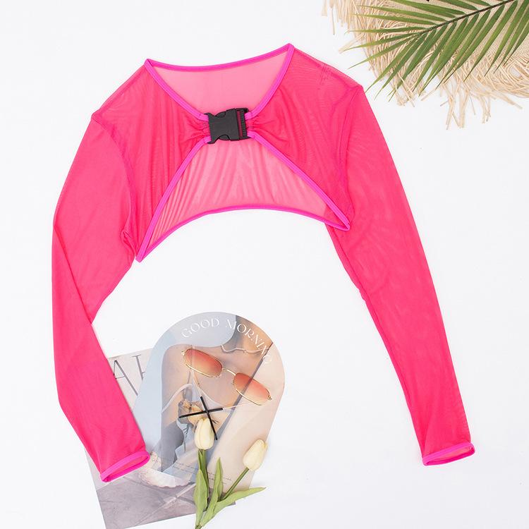 2025 Европейский и американский сетчатый сексуальный купальник женский с длинным рукавом накидка горячий источник пляжная одежда однотонный топ