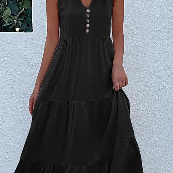 Летнее платье миди с V-образным вырезом, плиссированным лоскутным подолом, трапециевидной формы без рукавов, однотонный декор с пуговицами, свободное до середины икры, пляжное женское длинное платье для отпуска