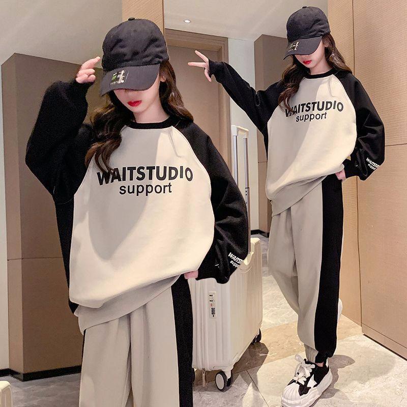 Autumn Spring Girl Cloth Letters Sweatshirt Hooded T-shirt TOP and Bottom Ankle-tied Pant Teens Child Set 8 9 10 11 12 Year