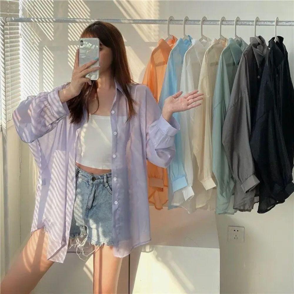 Chiffon Women Shirt Blouse Solid Color Female Loose Cardigan Casual Long Sleeve Top