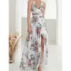 Bohemian New V-neck Print Backless Hanging Neck Lace-up Floral Split Chiffon Dress Vacation Long Dress Women