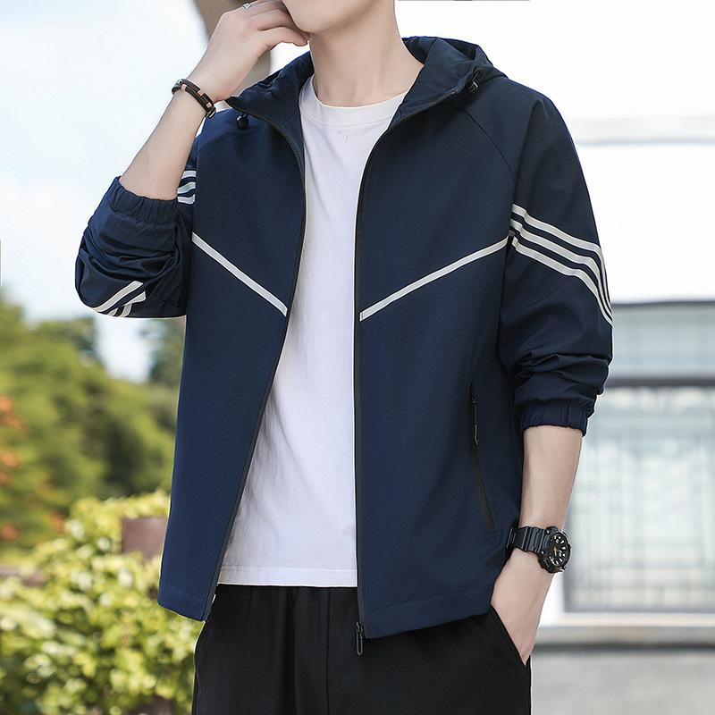 Jacket Spring and Autumn Youth Three-bar Sports Jacket Men's Breathable Top Loose Outdoor Windbreaker Hooded