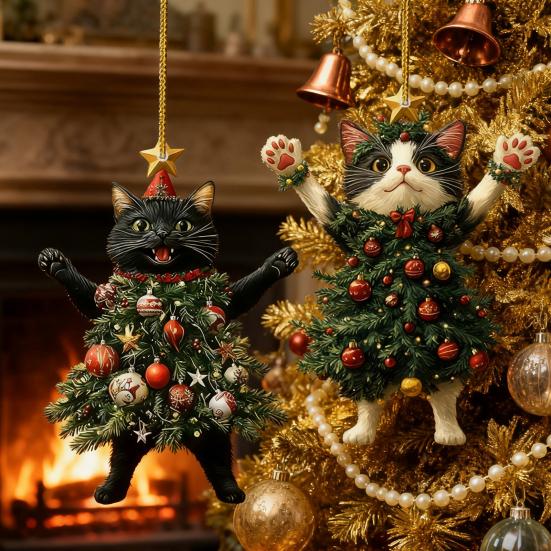 Christmas Cat In Christmas Tree Acrylic Hanging Ornament 2D Flat Car Rearview Mirror Charm Holiday Gifts for Cat Lovers