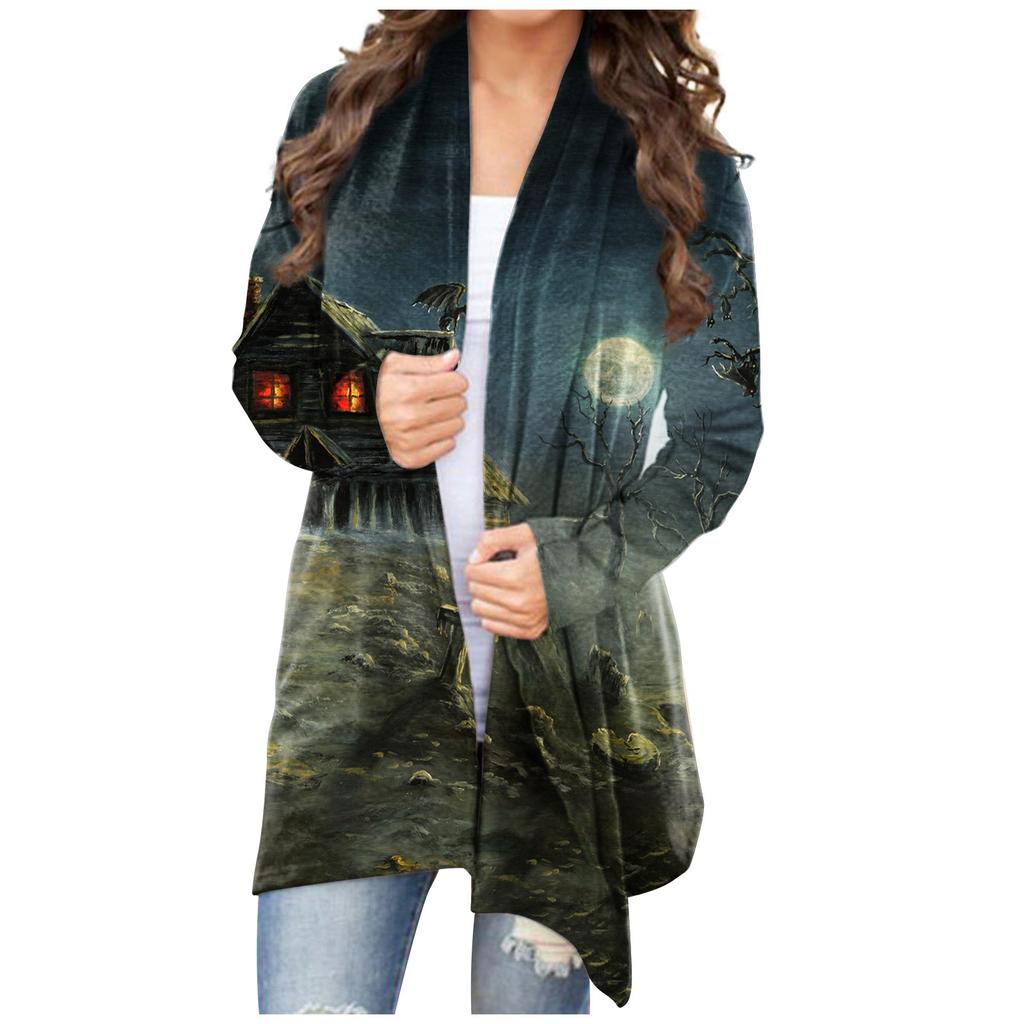 Женский кардиган, свободное повседневное верхнее пальто с карманами и длинными рукавами с принтом Хэллоуина