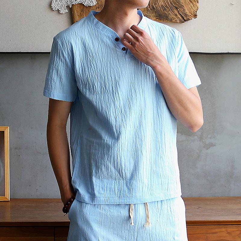 Мужская летняя футболка из льна и шелка Ice Silk с V-образным вырезом - короткий рукав, однотонный повседневный топ в китайском стиле Hanfu