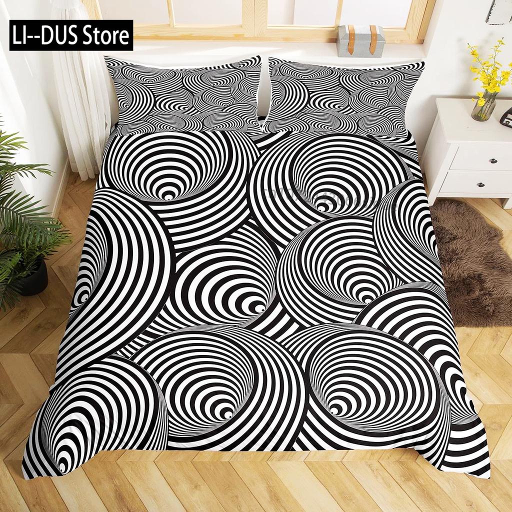 Black White Art Bedding Set,Abstract Geometry Duvet Cover For Kids Teen Boys Girls,Optical Illusion Comforter Cover, Full Size